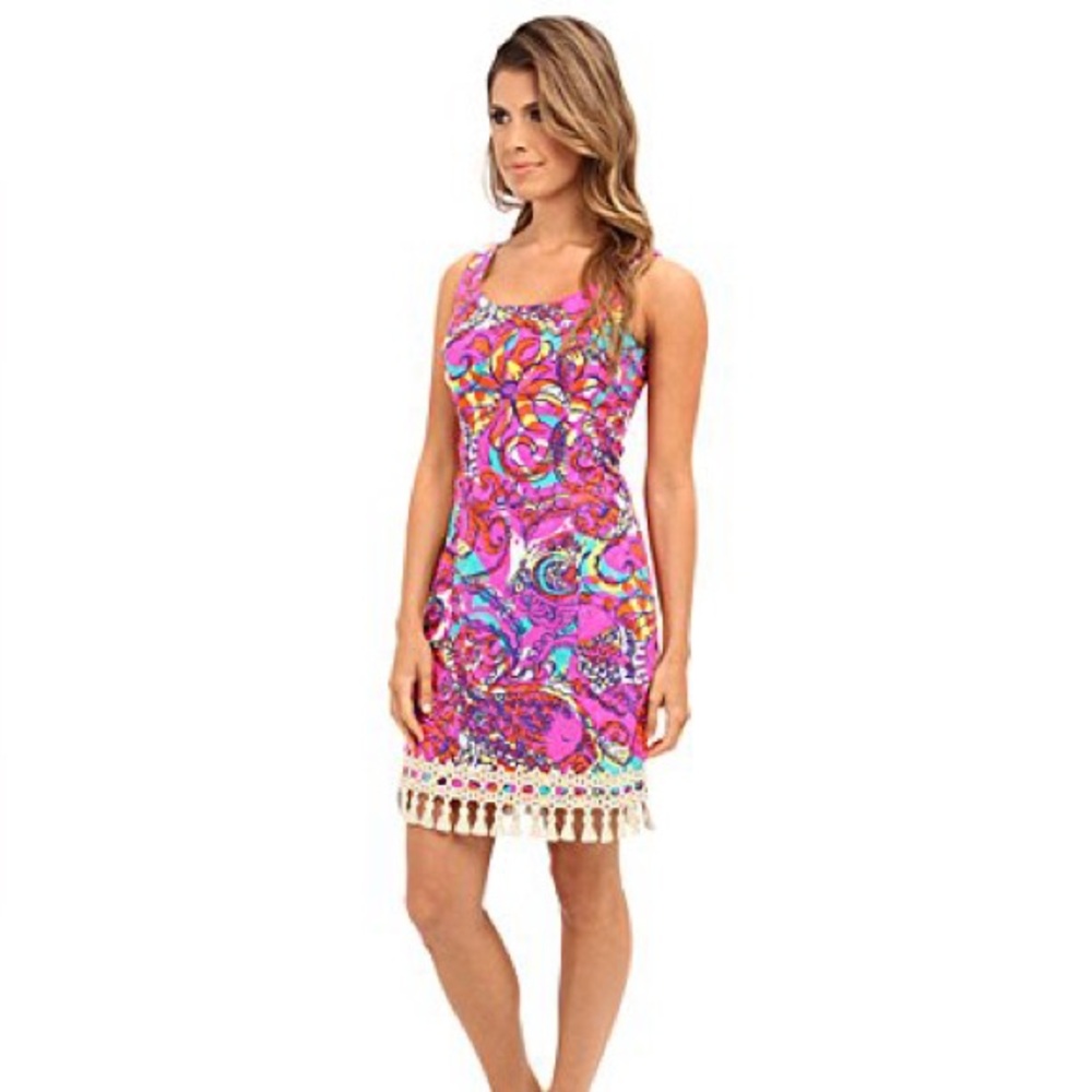 Lilly Pulitzer Eaton Psychadelic Colorful Print Shift Dress Metallic Fringe 0
